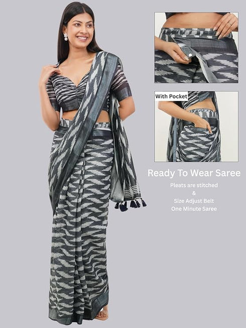 Vasthrlay Grey Multi Print Design Linen Ready To Wear Saree