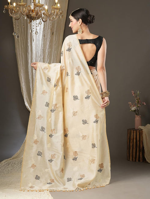 Vasthrlay Embroidered Banarasi Unstitched Cream Ethnic Wear