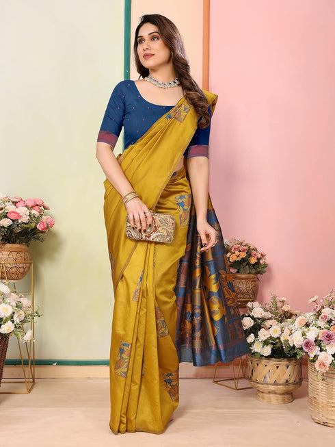 VasthrlayKanjivaram Banarasi Unstitched Mustard Free Ethnic Wear