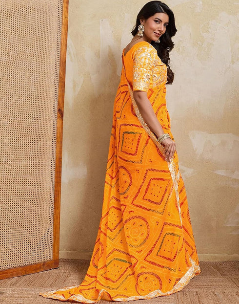 Vasthrlay Georgette Embroidery Yellow Saree With Unstitched Blouse Piece
