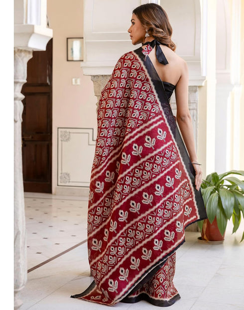 Vasthrlay Womens Printed Black And Maroon And Beige Saree With Unstitched Blouse Piece