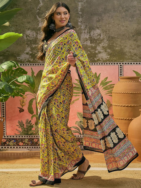 Vasthrlay Printed Yellow Saree