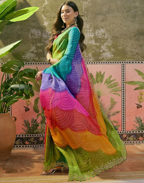 Vasthrlay Scalloped Embroidery Unstitched Lime Green Saree