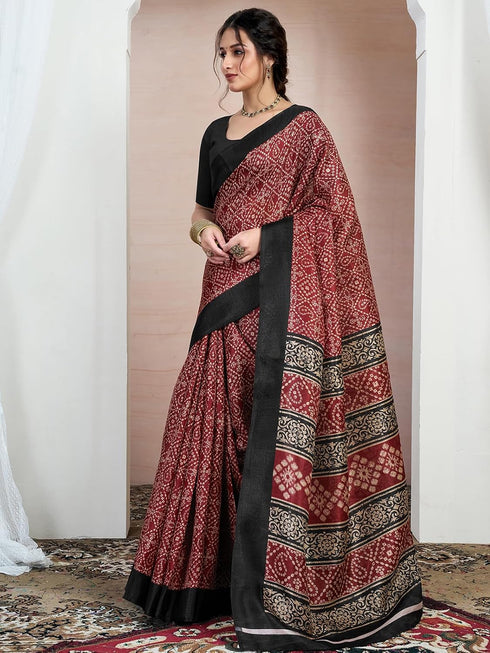 Vasthrlay Bandhani Printed Maroon Saree With Unstitched Blouse Piece