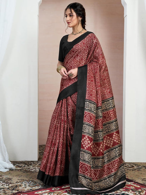 Vasthrlay Bandhani Printed Unstitched Black Saree