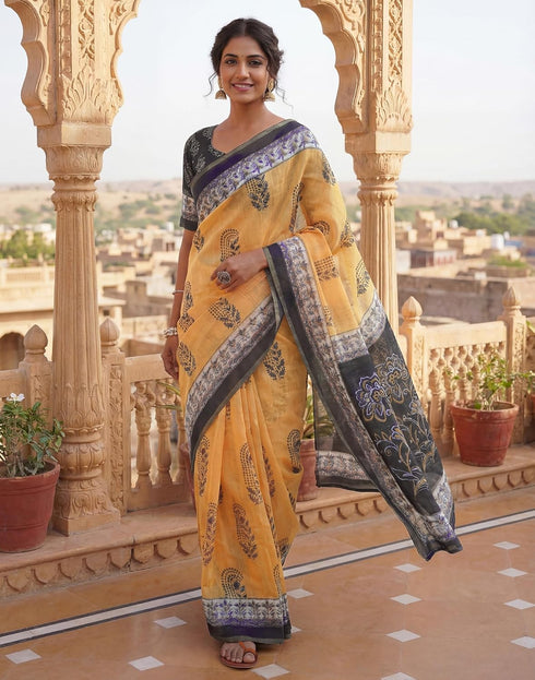Vasthrlay Womens Printed Unstitched Olive Green Saree