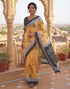 Vasthrlay Womens Printed Yellow | Black Saree With Unstitched Blouse Piece