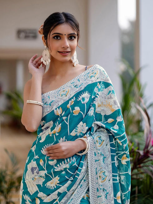 Vasthrlay Kalamkari Printed Olive Saree