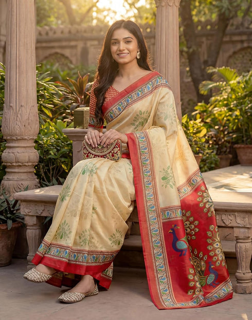 Vasthrlay Banglori Printed Unstitched Peach Saree