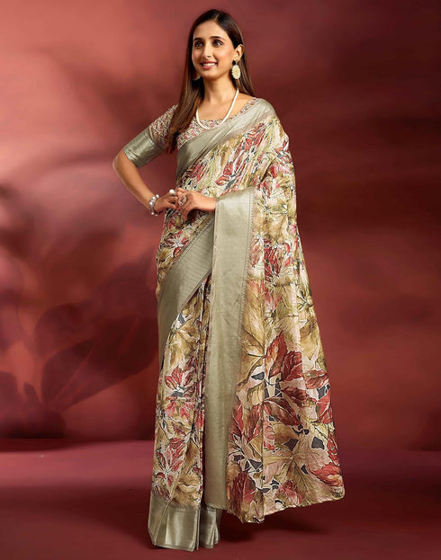 Vasthrlay Printed Jacquard Unstitched Rama Green Saree