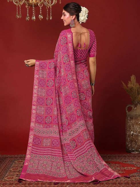 Vasthrlay Georgette Bandhani Unstitched Pink Saree