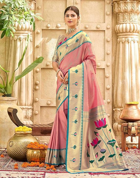 Vasthrlay Paithani Kanjivaram Unstitched Pink Saree