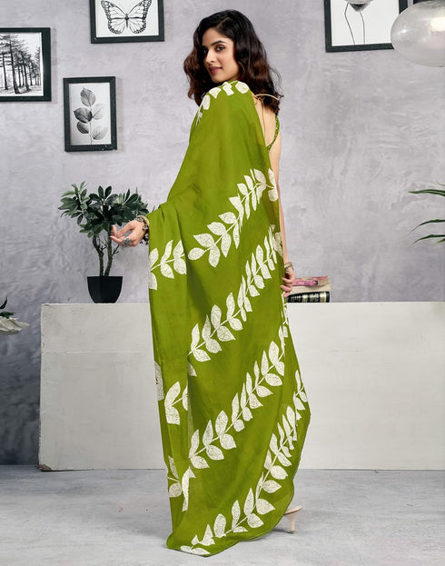 Vasthrlay Womens Printed Unstitched Green Saree