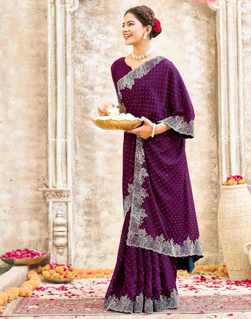 Vasthrlay Womens Scalloped Dark Purple Saree With Unstitched Blouse Piece