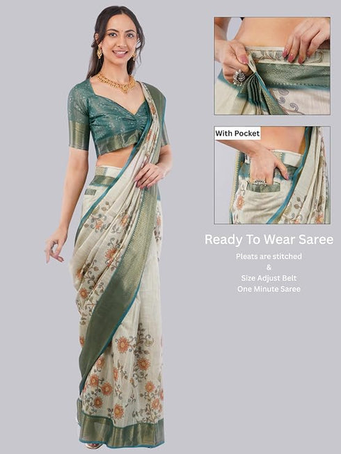 Vasthrlay Off White Striped | Floral | Solid Print Design Linen Saree