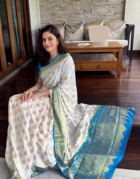 Vasthrlay Banarasi Jacquard Unstitched Beige Saree