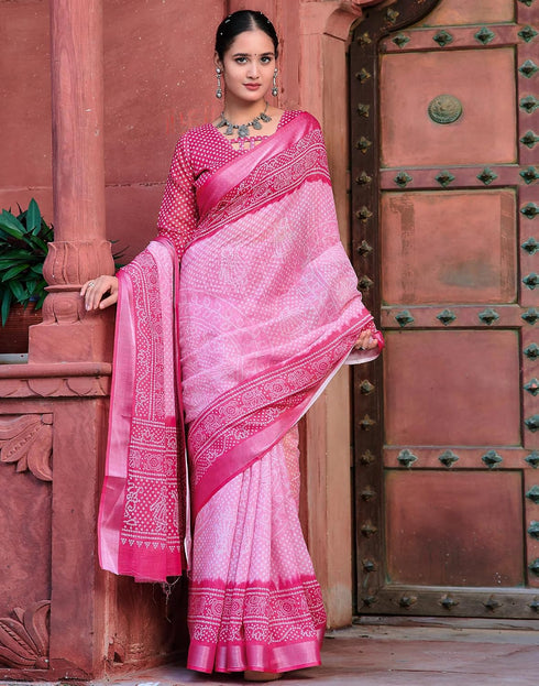 Vasthrlay Womens Printed Light Pink Saree With Unstitched Blouse Piece