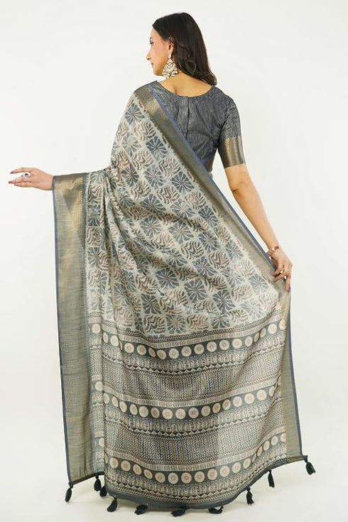Vasthrlay Charcoal Grey Abstract Print Polyester Saree With Antique Zari Border And Unstitched Blouse Piece