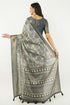 Vasthrlay Charcoal Grey Abstract Print Polyester Saree With Antique Zari Border And Unstitched Blouse Piece