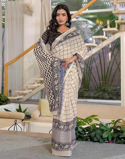 Vasthrlay Womens Printed Beige Saree With Unstitched Blouse Piece