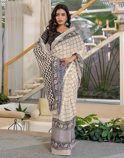 Vasthrlay Womens Printed Unstitched Beige Saree