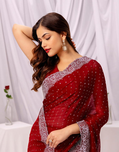 Vasthrlay Chiffon Scalloped Unstitched Maroon Saree