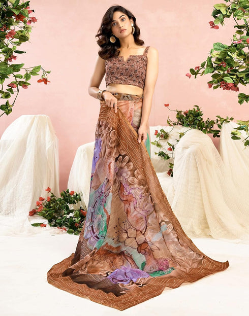 Vasthrlay Chanderi Printed Unstitched Beige Saree
