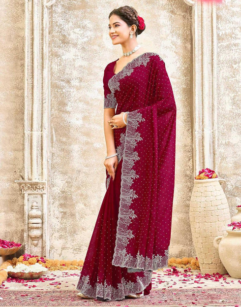 Vasthrlay Womens Scalloped Unstitched Maroon Saree
