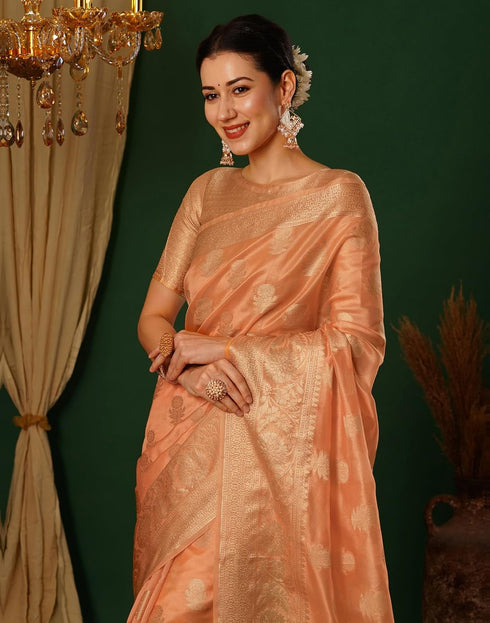 Vasthrlay Banarasi Kanjivaram Unstitched Orange Saree