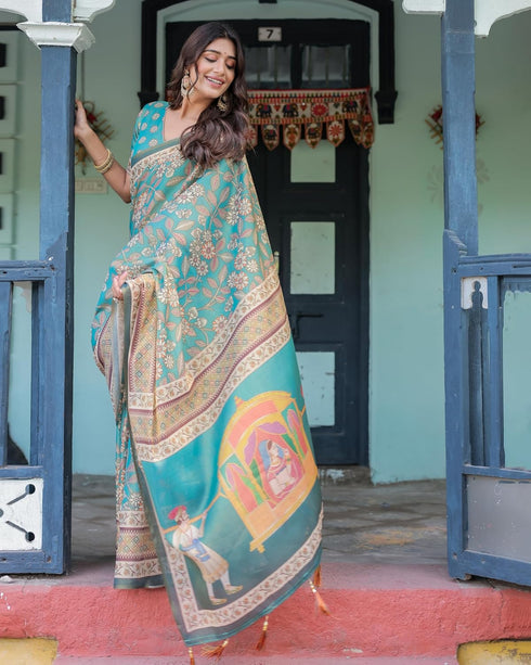 Vasthrlay Handloom Cotton Turquoise Saree
