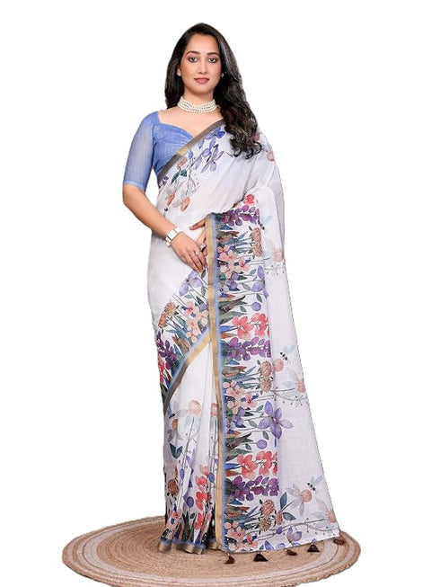 Vasthrlay White1 Womens Linen Ready To Wear Saree