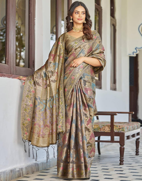 Vasthrlay Banarasi Jacquard Unstitched Grey Saree