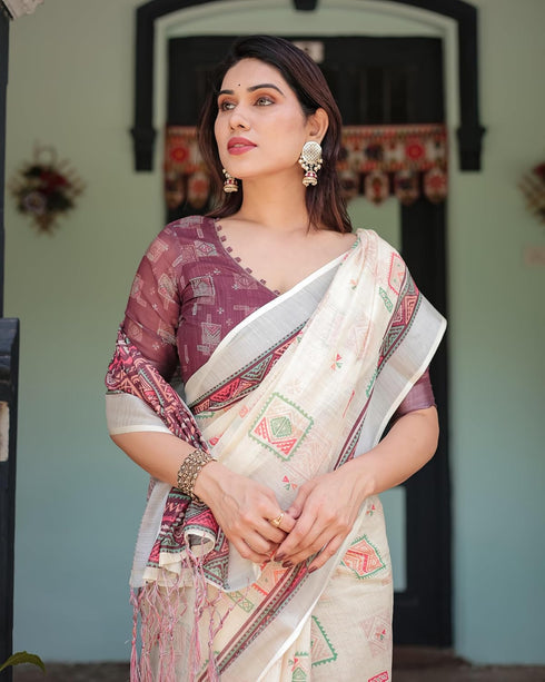 Vasthrlay Handwoven Printed Tasselled Saree