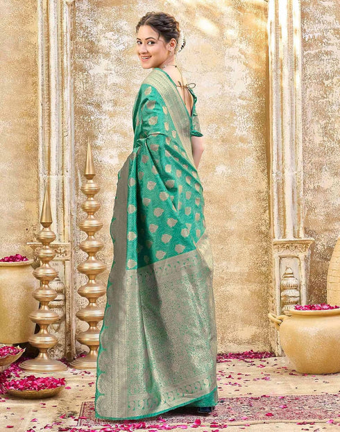 Vasthrlay Womens Weaving Mint Green | Gold Saree With Unstitched Blouse Piece