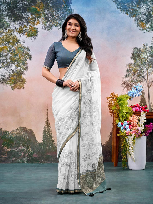 Vasthrlay Chanderi Printed Unstitched Off White Saree