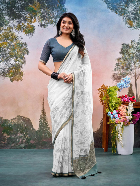 Vasthrlay Chanderi Printed Off White Saree With Unstitched Blouse Piece