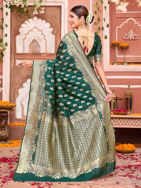 Vasthrlay Womens Weaving Dark Green Saree With Unstitched Blouse Piece
