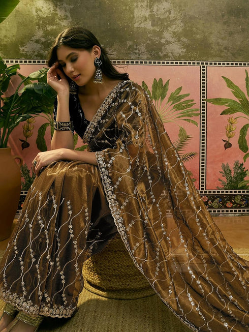 Vasthrlay Sequins Embroidery Turquoise Saree