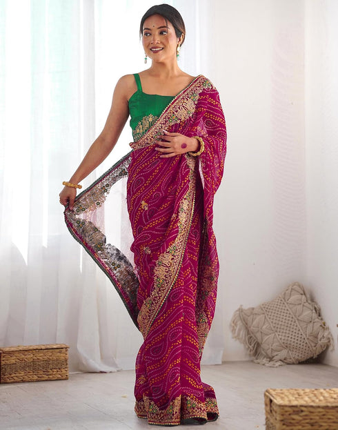 Vasthrlay Georgette Embroidery Green2 Saree With Unstitched Blouse Piece