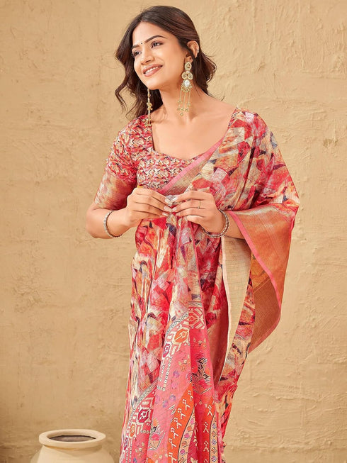 Vasthrlay Printed Jacquard Unstitched Dusty Pink Saree