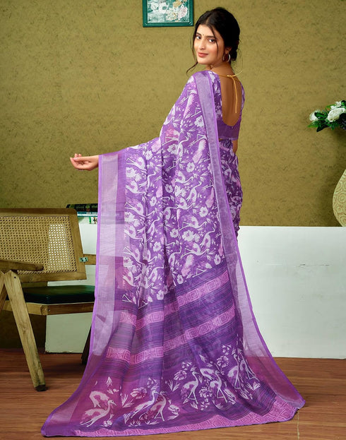 Vasthrlay Womens Cotton Printed Purple Saree With Unstitched Blouse Piece