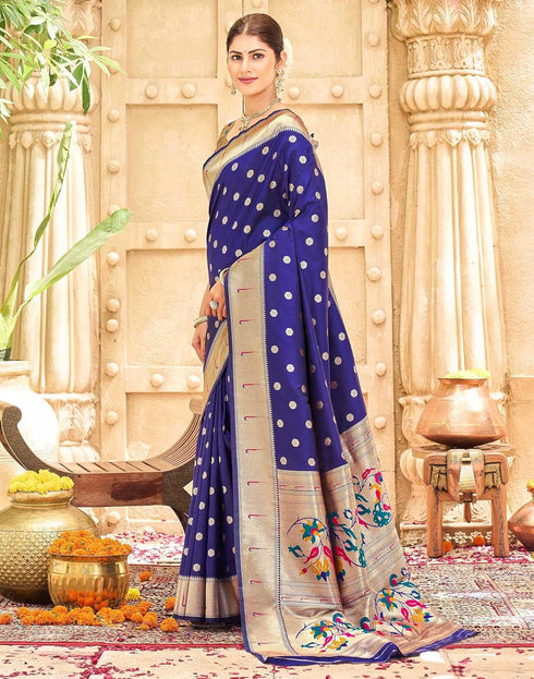 Vasthrlay Womens Paithani Unstitched Blue Saree