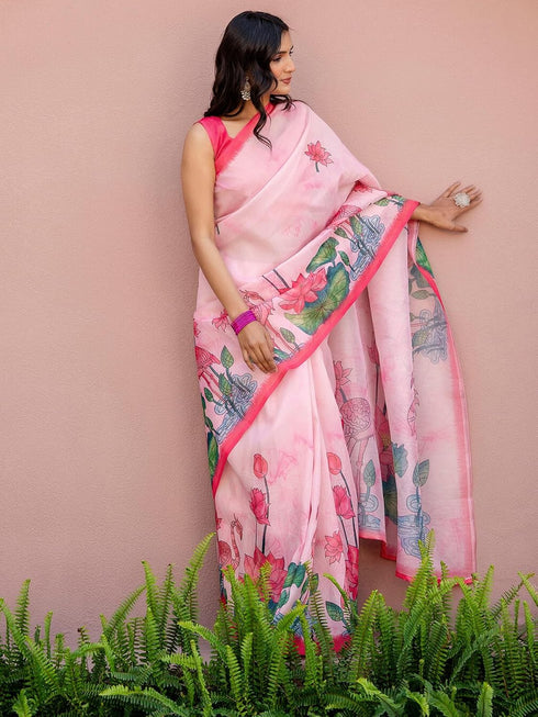 Vasthrlay Shimmer Printed Unstitched Light Green Saree