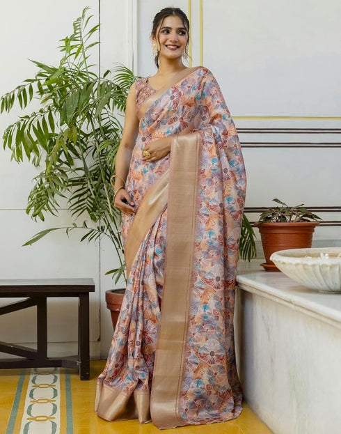 Vasthrlay Womens Striped Unstitched Dusty Pink Saree