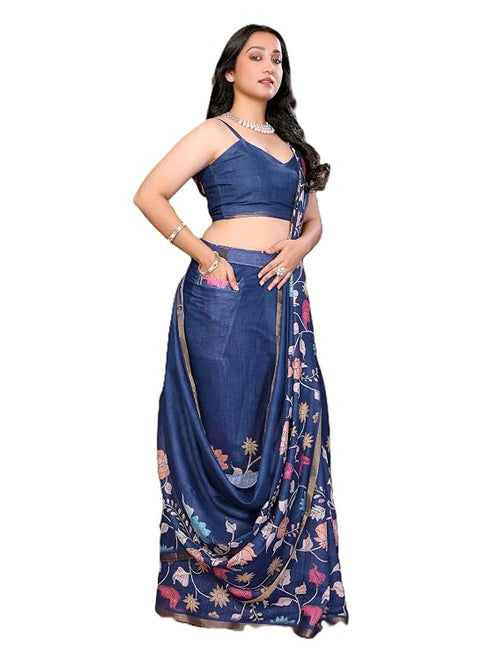 Vasthrlay Navy Blue Digital Print Linen Ready To Wear Saree For Women