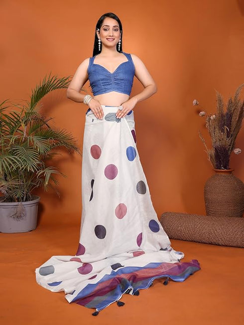 Vasthrlay White3 Womens Linen Ready To Wear Saree