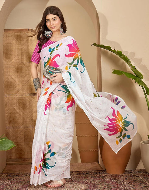 Vasthrlay Womens Printed Unstitched White Saree