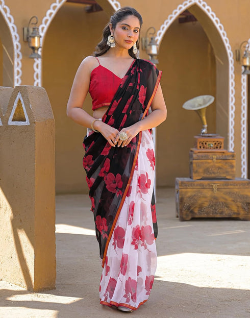 Vasthrlay Chiffon Tassels Unstitched Dark Green Saree