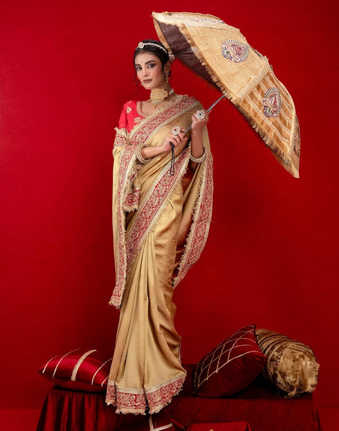 Vasthrlay Vichitra Embroidery Unstitched Red Saree