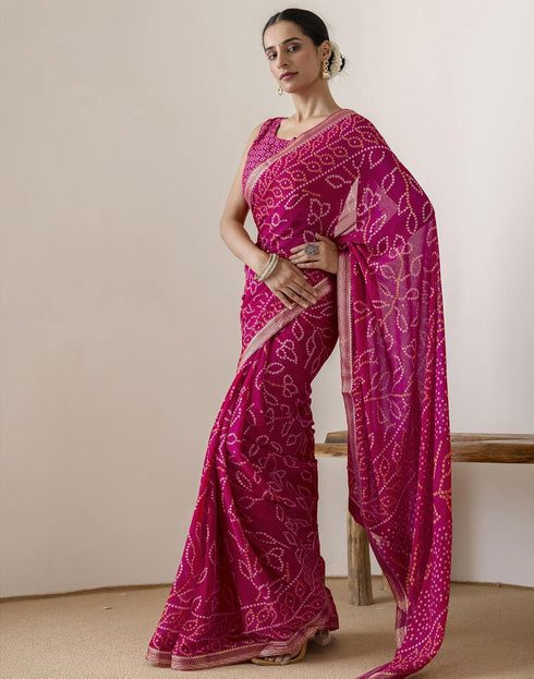 Vasthrlay Georgette Bandhani Unstitched Maroon Saree